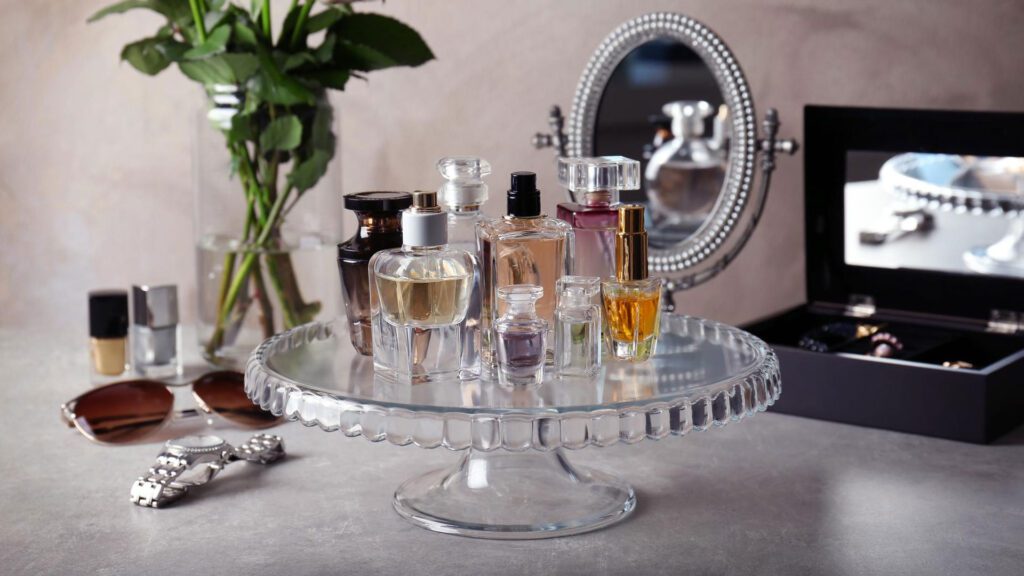perfumes organised in a tray